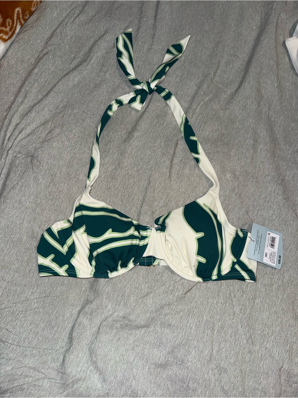 Green & Cream Abstract Halter Bikini Top – Size 36C – NWT